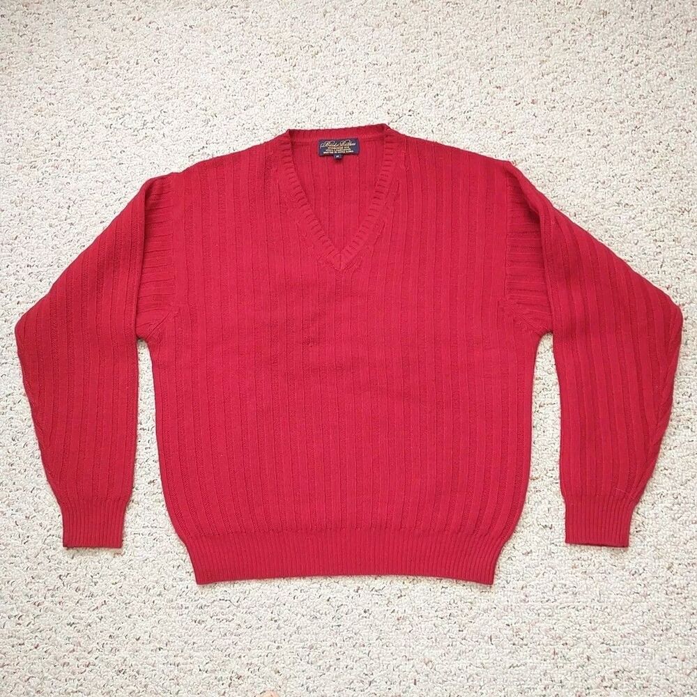 Vtg Brooks Brothers Sweater Pullover Men M Red Lambswool V Neck Rib Knit Chunky